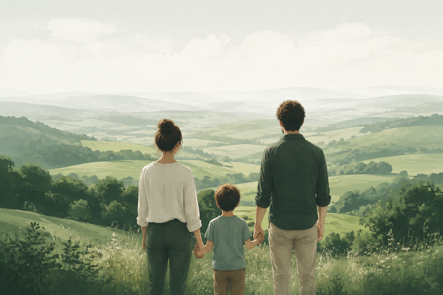Illustration: Eltern und Kind blicken gemeinsam über eine grüne Landschaft zum Horizont.